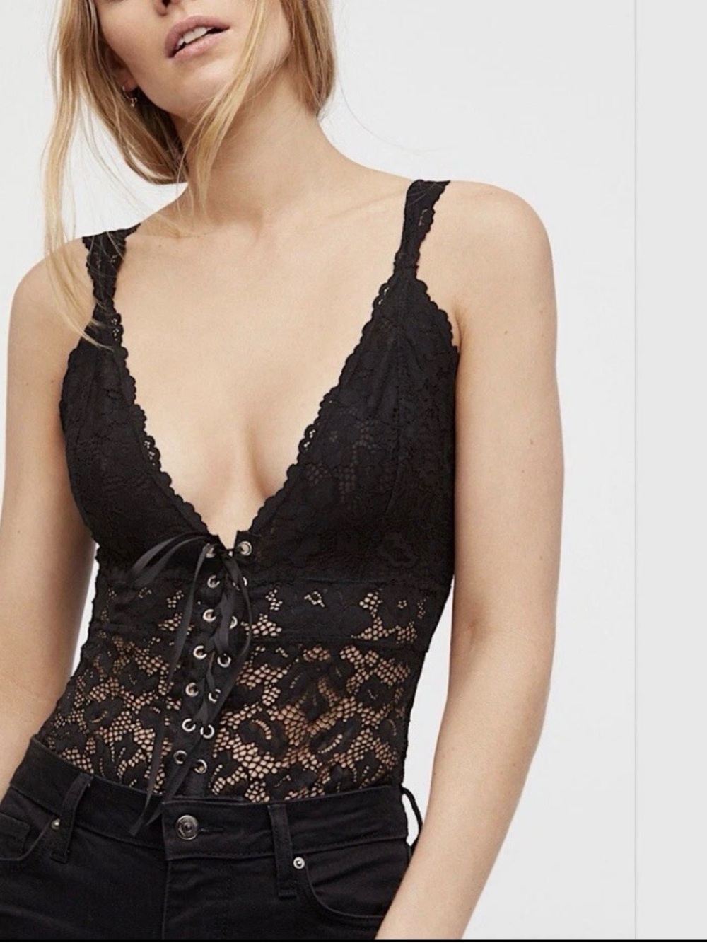 Free People Black Lace Plunge Bodysuit with Corset Tie Thong XS